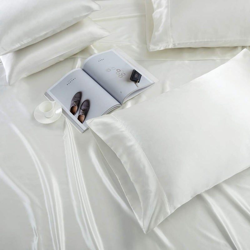 TREELY 6 Piece King Size Satin Sheets Set - Silky Smooth Ivory White With Deep Pocket, Fitted Sheet, Flat Sheet, 4 Pillowcases - Image 3